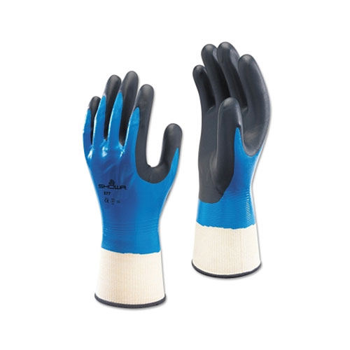 Showa 377 Liquid Resistant Nitrile/Nitrile Foam Coated Gloves, Medium, Black/Blue/White
