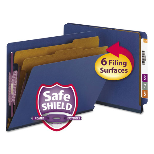 Smead End Tab Pressboard Classification Folders with SafeSHIELD Fasteners, 2 Dividers, Letter Size, Dark Blue, 10/Box