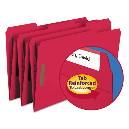 Smead Top Tab Colored 2-Fastener Folders, 1/3-Cut Tabs, Legal Size, Red, 50/Box