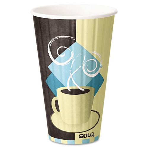 Solo Duo Shield Insulated Paper Hot Cups, 16 oz, Tuscan Chocolate/Blue/Beige, 525/Ct