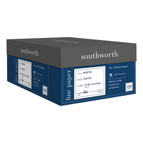 Southworth 25% Cotton #10 Business Envelope, #10, Commercial Flap, Gummed Closure, 4.13 x 9.5, White, 250/Box