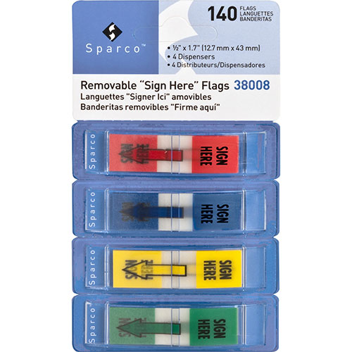 Sparco Flags in Dispenser, "Sign Here", 1/2" x 1 3/4", Assorted