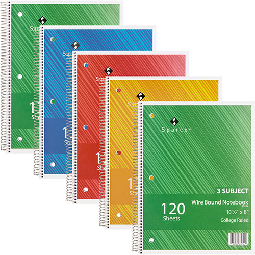 Sparco Notebook, 3 Subject, 10-1/2"x8", College Ruled, 120 Sheet, 5/BD, AST