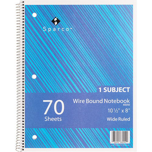 Sparco Notebooks, Wirebound, 1 Subject, 10 1/2"x8", Wide Ruled, 70 SH