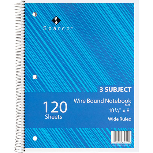 Sparco Notebooks, Wirebound, 3 Subject, 10 1/2"x8", Wide Ruled, 120SH
