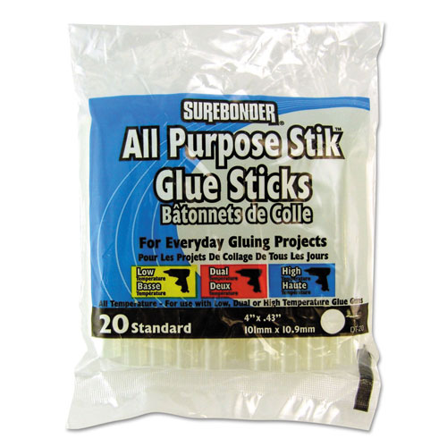 Surebonder Hot Melt Glue Sticks, 0.43" x 4", Dries Clear, 20/Pack