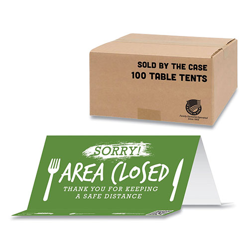 Tabbies BeSafe Messaging Table Top Tent Card, 8 x 3.87, Sorry! Area Closed Thank You For Keeping A Safe Distance, Green, 100/Carton