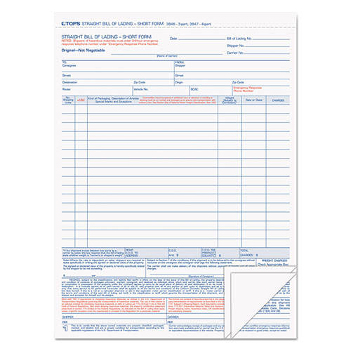 TOPS Bill of Lading,16-Line, Three-Part Carbonless, 8.5 x 11, 1/Page, 50 Forms