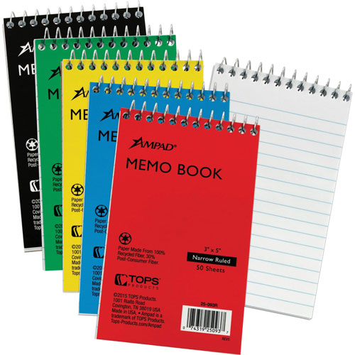 TOPS Memo Notebooks, Top Spiral, Narrow Ruled, 50 Sheets, 3" x 5", 5/BD, Assorted