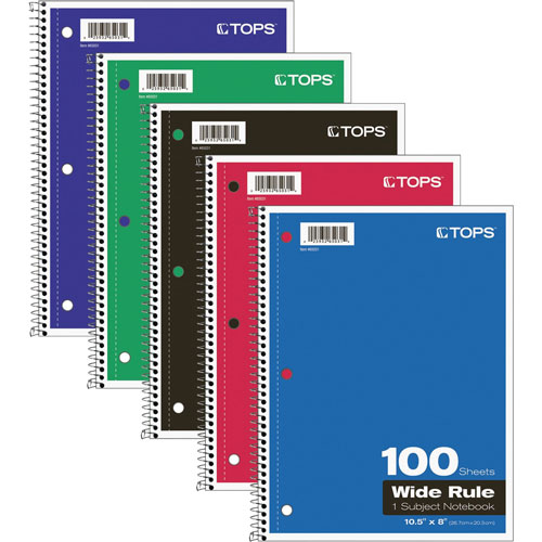 TOPS Wirebound 1-Subject Notebook, Wide Rule, 8 x 10-1/2, White, 100 Sheets/Pad