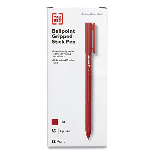 TRU RED™ Gripped Ballpoint Pen, Stick, Medium 1 mm, Red Ink, Red Barrel, Dozen