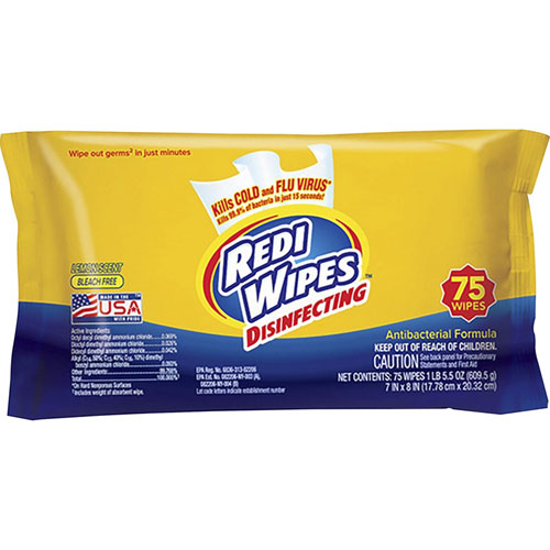 U.S. Nonwovens Disinfecting Redi Wipes - Wipe - Lemon Scent - 7" x 8", 75 / Pack - 12 / Carton - Yellow