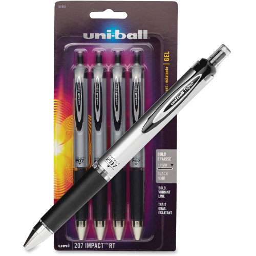 Uni-Ball Impact 207 Gel Pens, Retract, 1.0mm, 4/PK, BKSR/BK Ink
