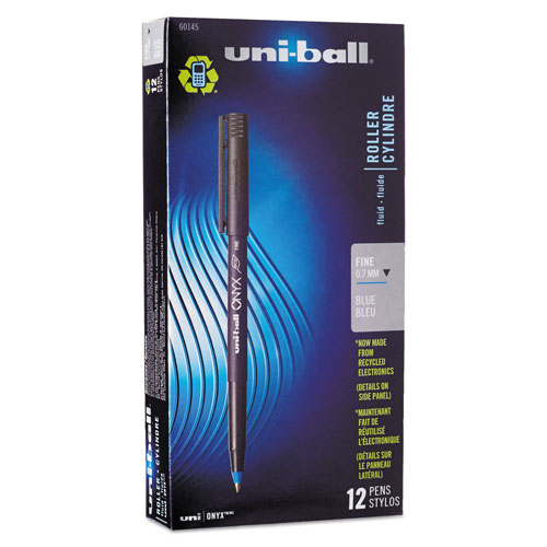 Uni-Ball ONYX Stick Roller Ball Pen, Fine 0.7mm, Blue Ink, Black Matte Barrel, Dozen