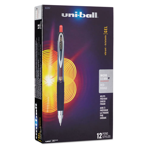 Uni-Ball Signo 207 Retractable Gel Pen, Micro 0.5mm, Red Ink, Smoke/Black/Red Barrel, Dozen