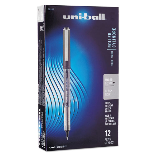 Uni-Ball VISION Stick Roller Ball Pen, Micro 0.5mm, Black Ink, Black/Gray Barrel, Dozen