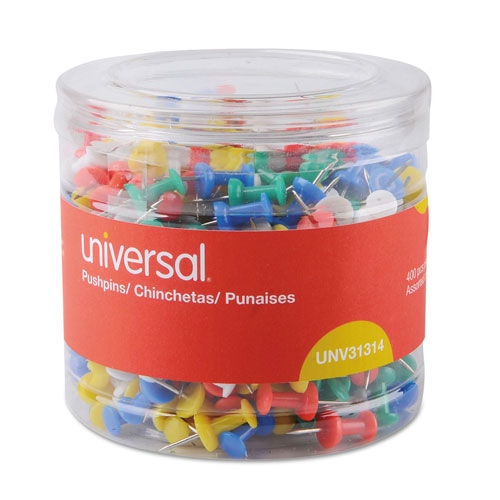 Universal Colored Push Pins, Plastic, Assorted, 0.38", 400/Pack