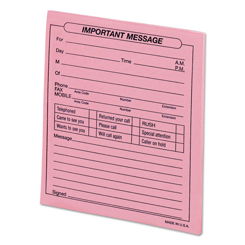 Universal “Important Message” Pink Pads, One-Part (No Copies), 4.25 x 5.5, 50 Forms/Pad, 12 Pads/Pack