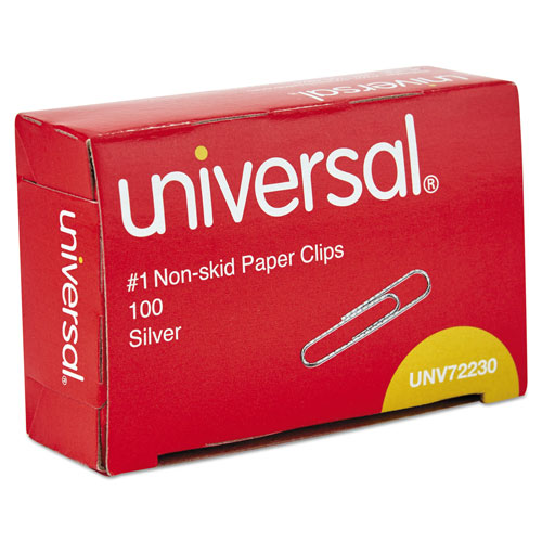 Universal Paper Clips, #1, Nonskid, Silver, 100 Clips/Box, 10 Boxes/Pack