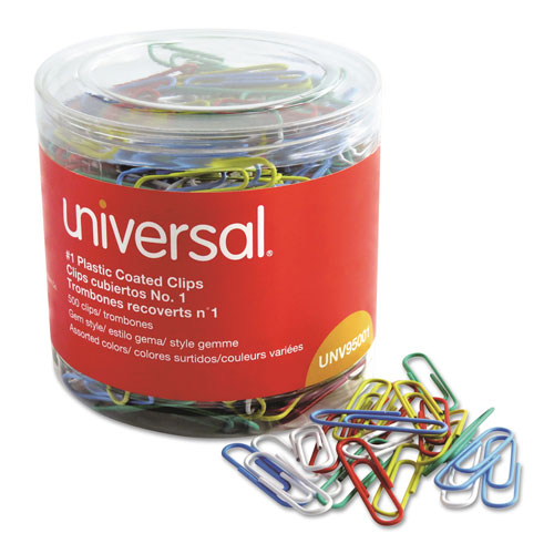 Universal Plastic-Coated Paper Clips with One-Compartment Storage Tub, #1, Assorted Colors, 500/Pack