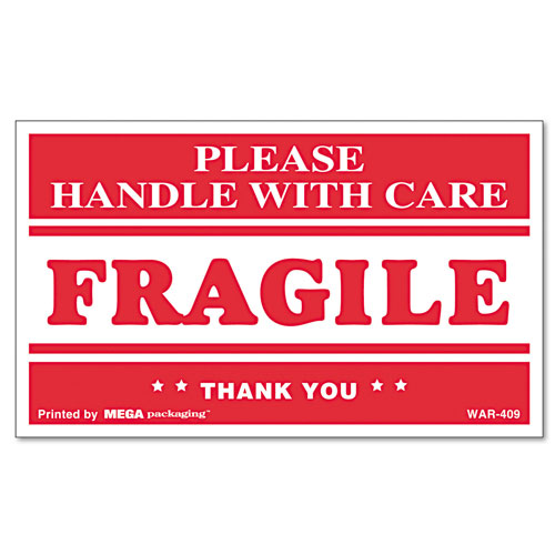 Universal Printed Message Self-Adhesive Shipping Labels, FRAGILE Handle with Care, 3 x 5, Red/Clear, 500/Roll