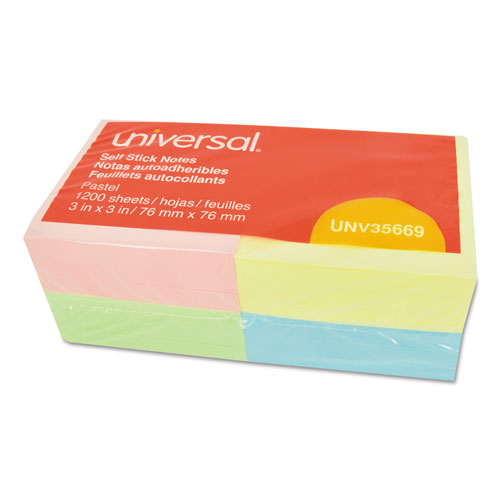 Universal Self-Stick Note Pads, 3" x 3", Assorted Pastel Colors, 100 Sheets/Pad, 12 Pads/Pack