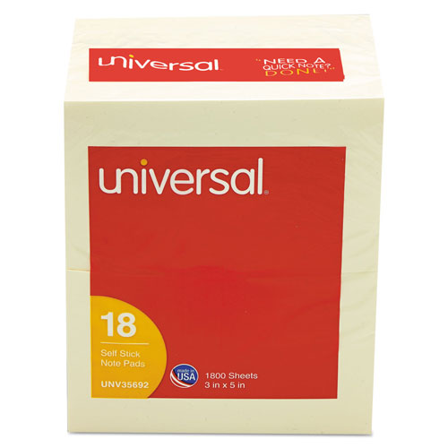 Universal Self-Stick Note Pad Value Pack, 3" x 5", Yellow, 100 Sheets/Pad, 18 Pads/Pack