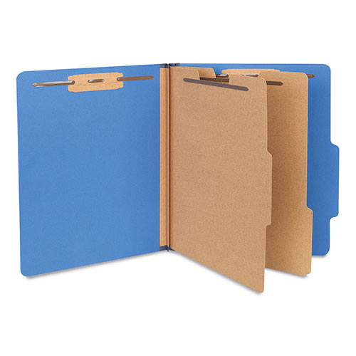Universal Six-Section Pressboard Classification Folders, 2.5" Expansion, 2 Dividers, 6 Fasteners, Letter Size, Blue, 10/Box