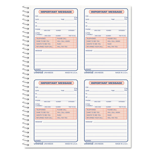 Universal Wirebound Message Books, Two-Part Carbonless, 5.5 x 3.88, 4 Forms/Sheet, 200 Forms Total
