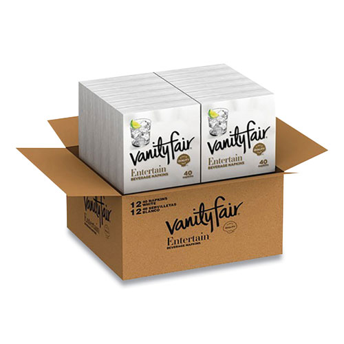 Vanity Fair Entertain Beverage Napkins, 2-Ply, 9.8 x 9.8, White, 40/Pack, 12 Packs/Carton