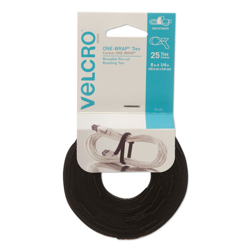 Velcro ONE-WRAP Hook & Loop Ties, 1/4" x 8", Black, 25/Pack