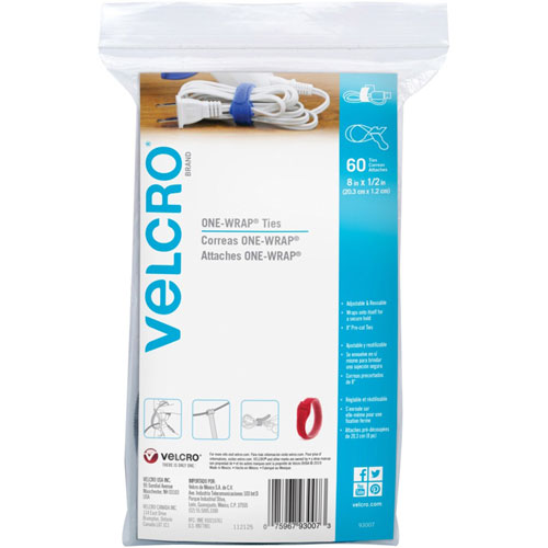Velcro Tie, Reusable, 1/2"Wx8"Lx1/100"H, 60/PK, Assorted
