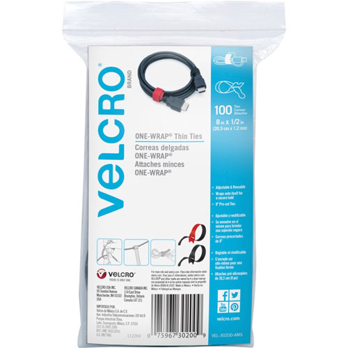 Velcro Velcro Straps, 1-Wrap, 1/2"Wx8"Lx1/100"H, 100/PK, Black Red