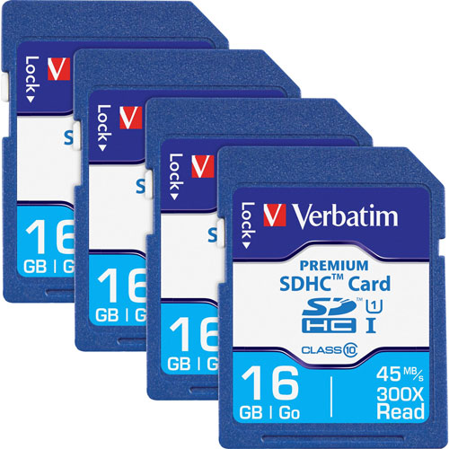 Verbatim SDHC Cards, 6 Hours, Speed Class 10, 16GB, 4/BX