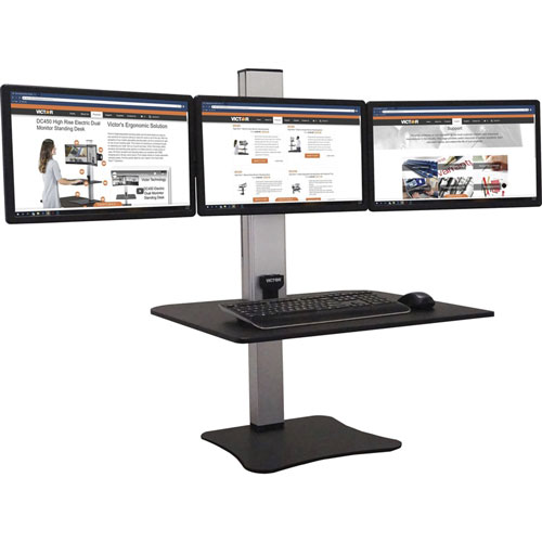 Victor High Rise Electric Triple Monitor Standing Desk - 23" to 34" Screen Support - 37.50 lb Load Capacity - 20", x 28" x 23" Depth - Desktop, Tabletop - High Pressure Laminate (HPL) - Wood, Steel, Aluminum - Black, Aluminum