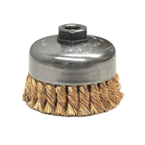 Weiler Single Row Heavy-Duty Knot Wire Cup Brush, 4 in Dia., 5/8-11 UNC, .02 in Bronze
