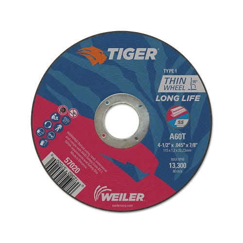 Weiler Tiger® Aluminum Oxide Flat Type 1 Cutting Wheel, 4-1/2 in Diameter x 0.045 in, 7/8 in Arbor, 60 Grit, T Hardness