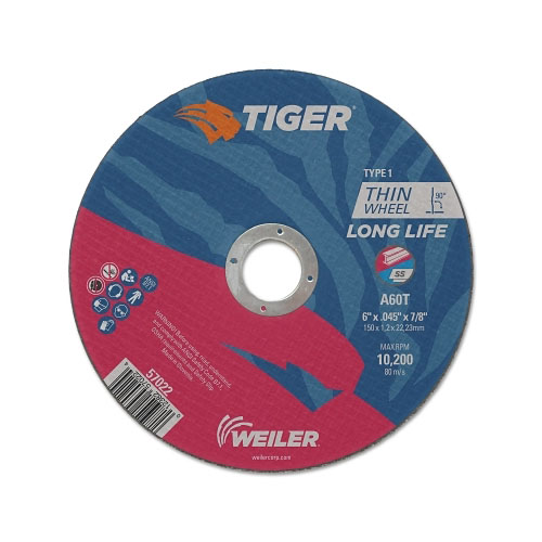 Weiler Tiger® Aluminum Oxide Flat Type 1 Cutting Wheel, 6 in dia x 0.045 in, 7/8 in Arbor, 60 Grit, T Hardness