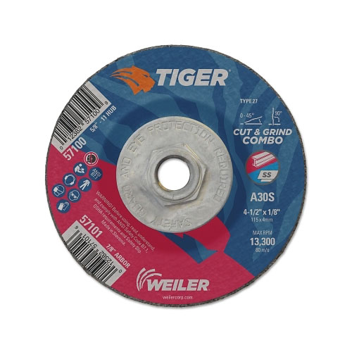 Weiler Tiger Combo Wheels, 4 1/2 in Dia, 5/8 in-11 Arbor, Grit 30