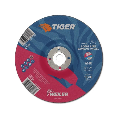 Weiler Tiger Grinding Wheels, 6 in Dia., 1/4 in Thick, 7/8 in Arbor, 24 Grit