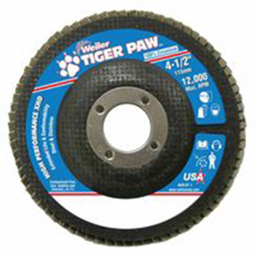 Weiler Tiger Paw Coated Abrasive Flap Discs, 4 1/2in, 60 Grit, 7/8 Arbor, 12,000 rpm