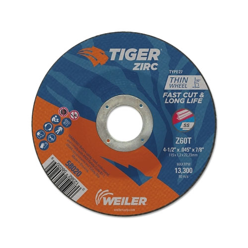 Weiler Tiger® Zirc Thin Cutting Wheel, 4-1/2 in dia, 0.045 in Thick, 7/8 in Arbor, 24 Grit, Zirconia Alumina, Type 27