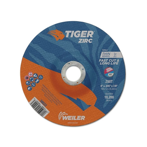 Weiler Tiger® Zirc Thin Cutting Wheel, 6 in Dia, .045 Thick, 7/8 in Arbor, Grit 24
