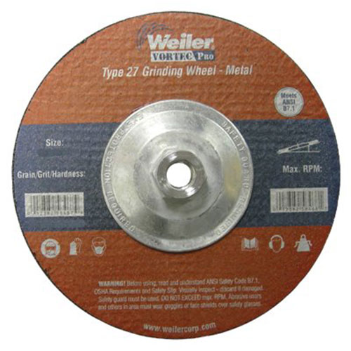 Weiler Vortec Pro Type 27 Grinding Wheel, 9in Dia, 1/4in Thick, 5/8in Arbor, 24 Grit