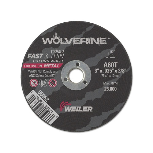 Weiler Wolverine™ Flat Type 1 Cutting Wheel, 3 in dia, 0.035 in Thick, 60 Grit, Aluminum Oxide