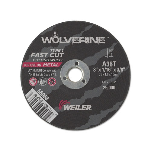Weiler Wolverine™ Flat Type 1 Cutting Wheel, 3 in Dia, 1/16 Thick, 3/8 Arbor, 36 Grit