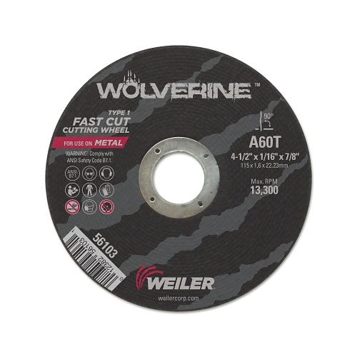 Weiler Wolverine™ Flat Type 1 Cutting Wheel, 4-1/2 in Diameter, 1/16 in Thick, 60 Grit, Alum Oxide