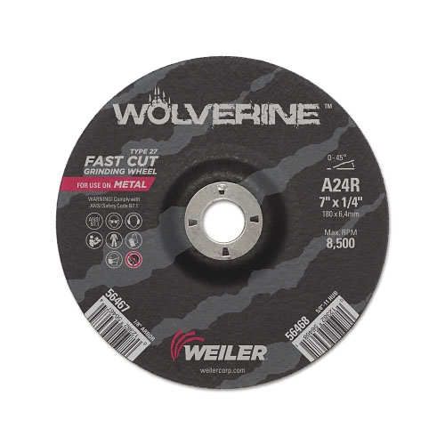Weiler Wolverine Grinding Wheels, 7 in Dia, 1/4 in Thick, 7/8 in Arbor, 24 Grit, R