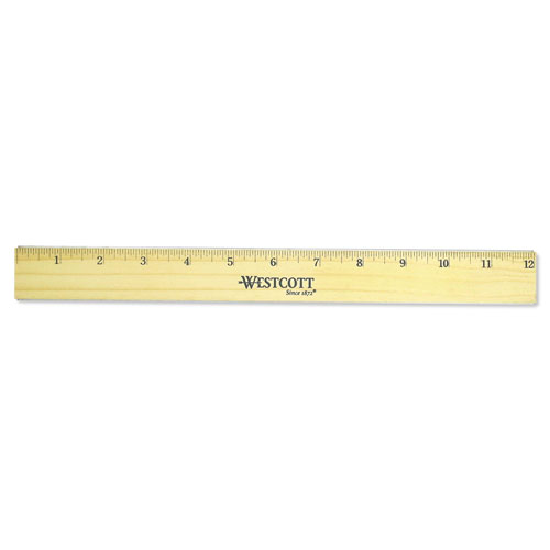 Westcott® Flat Wood Ruler with Two Double Brass Edges, Standard/Metric, 12", Clear Lacquer Finish