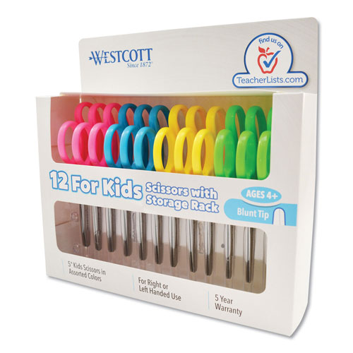 Westcott® For Kids Scissors, Blunt Tip, 5" Long, 1.75" Cut Length, Assorted Straight Handles, 12/Pack